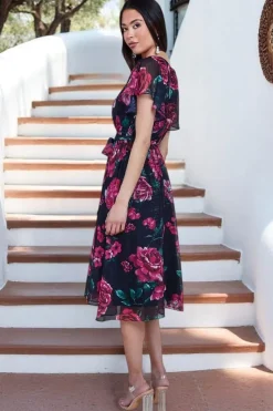 Printed Lurex A-Line Flutter Sleeve Midi Dress - Black by Goddiva