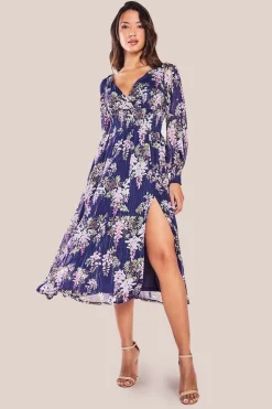 Printed Lurex Chiffon Long Sleeve Midi Dress - Navy by Goddiva