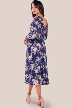 Printed Lurex Chiffon Long Sleeve Midi Dress - Navy by Goddiva