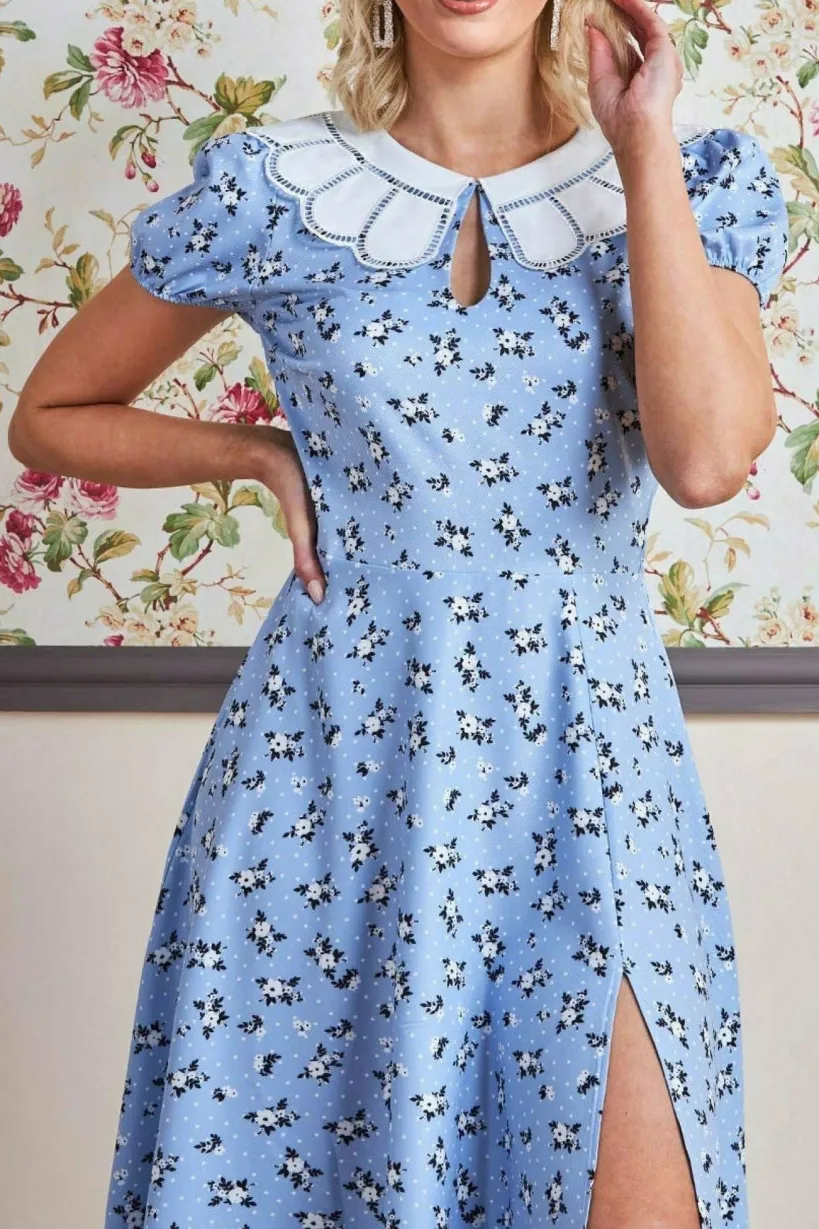 Printed Midi With Front Split - Powder Blue by Goddiva