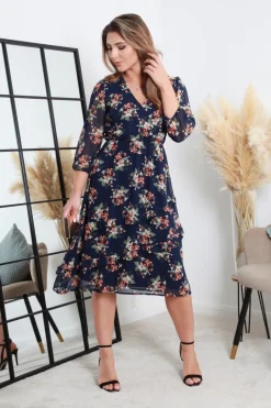 Printed Navy Wrap Dress With Tiered Frill Detail by Double Second