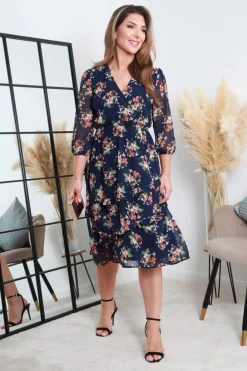 Printed Navy Wrap Dress With Tiered Frill Detail by Double Second