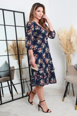 Printed Navy Wrap Dress With Tiered Frill Detail by Double Second