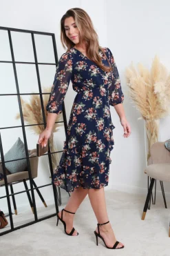 Printed Navy Wrap Dress With Tiered Frill Detail by Double Second