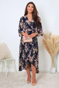 Printed Navy Wrap Front Butterfly Sleeve Dress by Double Second