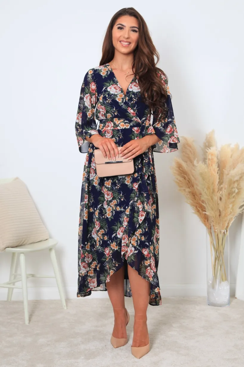 Printed Navy Wrap Front Butterfly Sleeve Dress by Double Second