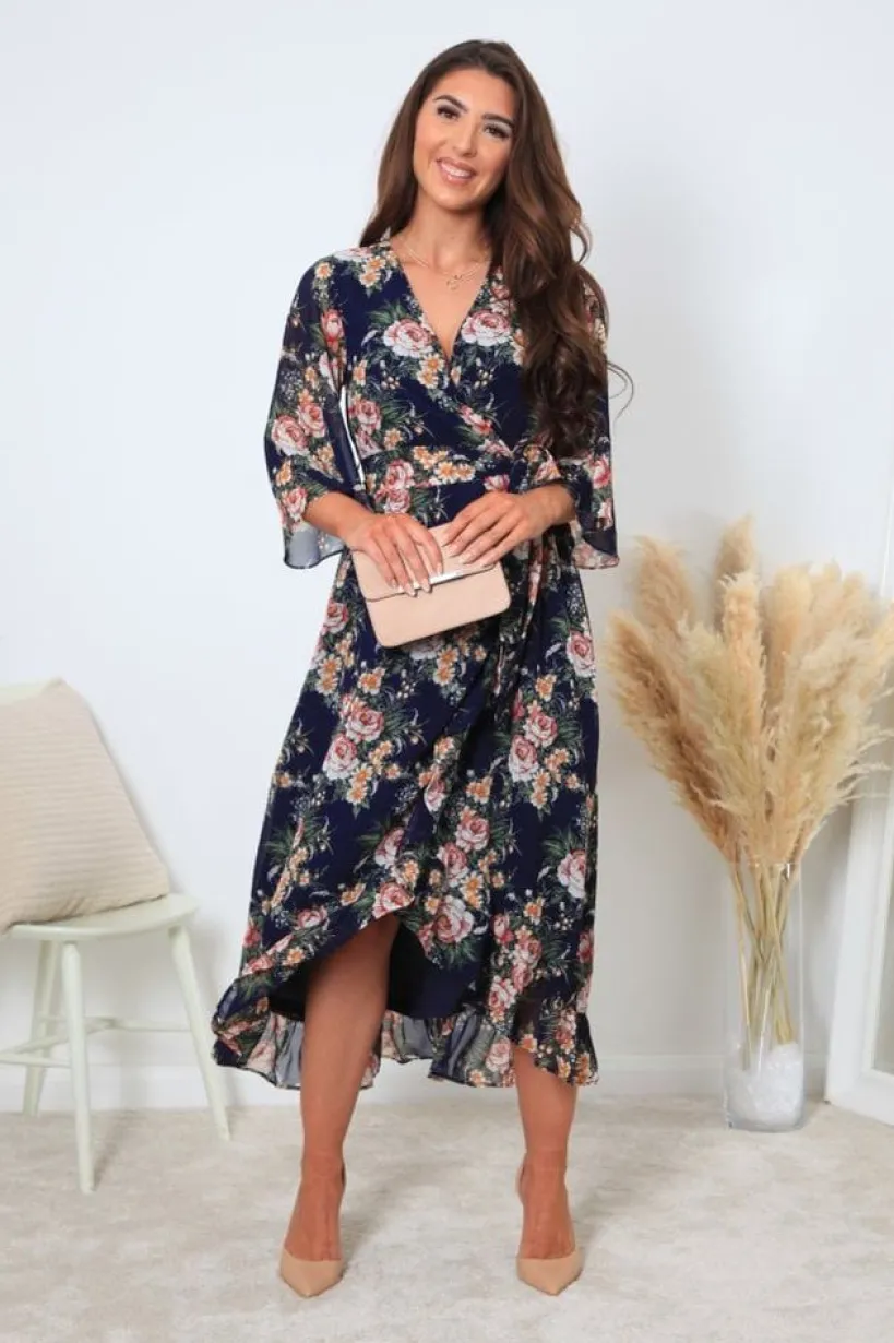 Printed Navy Wrap Front Butterfly Sleeve Dress by Double Second