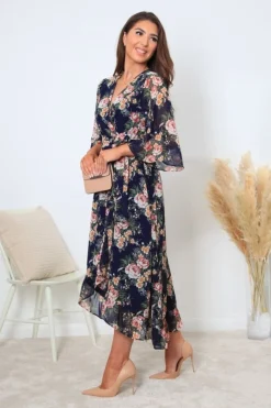 Printed Navy Wrap Front Butterfly Sleeve Dress by Double Second
