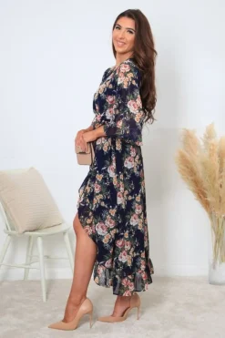 Printed Navy Wrap Front Butterfly Sleeve Dress by Double Second