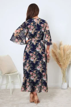 Printed Navy Wrap Front Butterfly Sleeve Dress by Double Second