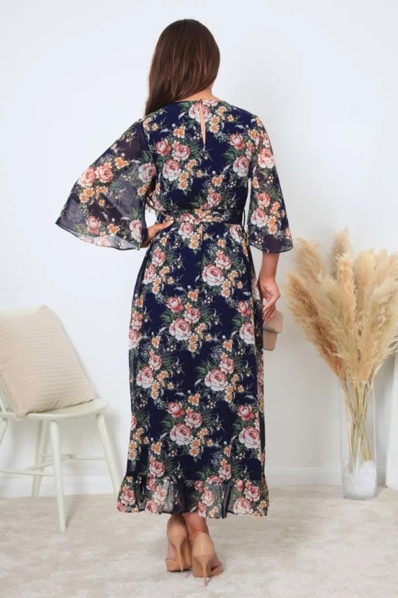 Printed Navy Wrap Front Butterfly Sleeve Dress by Double Second