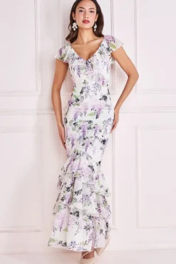 Printed Ruffle Neck & Hem Dress - Multi by Goddiva