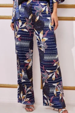 Printed Satin Wide Leg Trouser - Navy by Goddiva