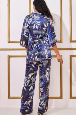 Printed Satin Wide Leg Trouser - Navy by Goddiva
