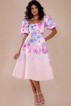 Printed Scuba Square Neck Puff Sleeve Midi Dress - Blush Pink by Goddiva