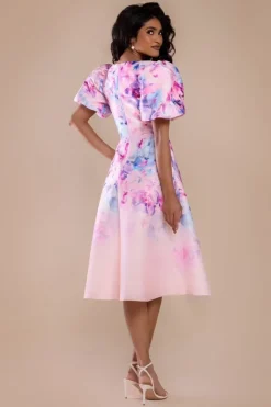Printed Scuba Square Neck Puff Sleeve Midi Dress - Blush Pink by Goddiva