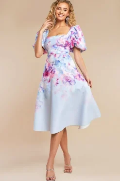 Printed Scuba Square Neck Puff Sleeve Midi Dress - Blue by Goddiva