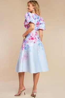 Printed Scuba Square Neck Puff Sleeve Midi Dress - Blue by Goddiva