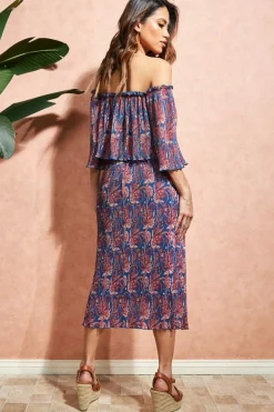Printed Shirred Midi Skirt - Blue by City Goddess