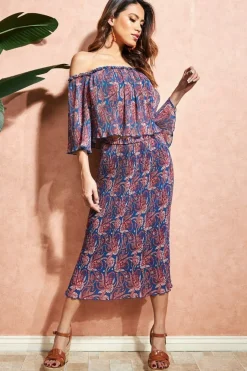 Printed Shirred Midi Skirt - Blue by City Goddess