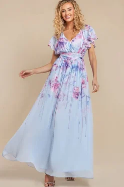 Printed Silky Chiffon Flutter Sleeve Maxi Dress - Blue by Goddiva
