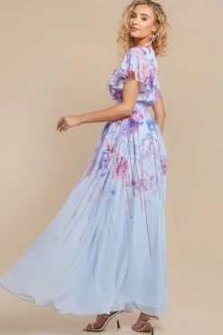 Printed Silky Chiffon Flutter Sleeve Maxi Dress - Blue by Goddiva