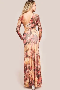 Printed Soft Mesh A-Line Maxi Dress - Orange by Goddiva