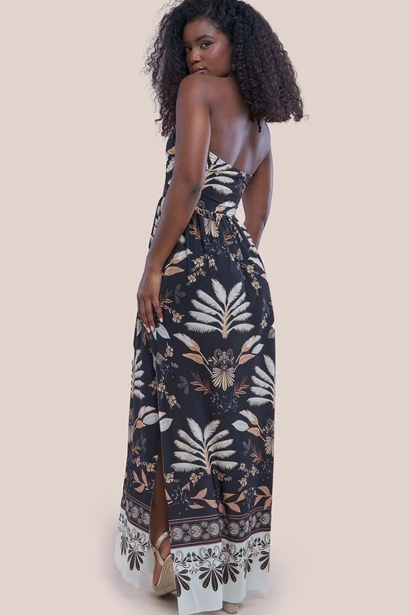 Printed Tie Back Maxi - Black by Goddiva