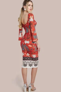 Printed Tie Back Midi Dress - Orange by Goddiva