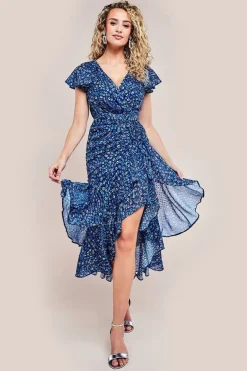 Printed Wrap High And Low Midaxi Dress - Navy by Goddiva