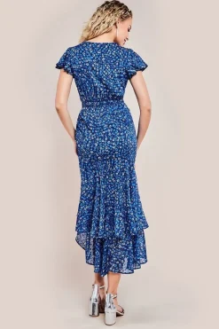 Printed Wrap High And Low Midaxi Dress - Navy by Goddiva