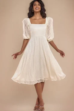 Puff Sleeve Side Slit Flared Jacquard Chiffon Midi Dress - Cream by Goddiva