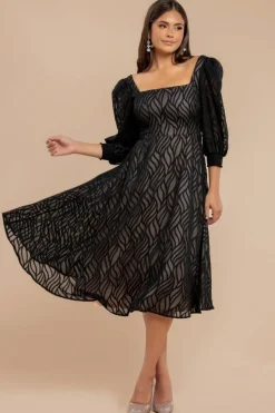 Puff Sleeve Side Slit Flared Jacquard Chiffon Midi Dress - Black by Goddiva