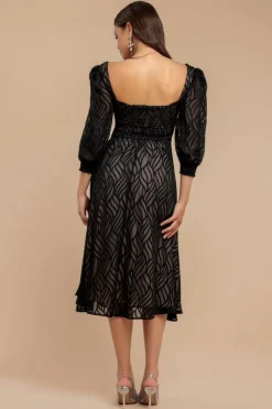 Puff Sleeve Side Slit Flared Jacquard Chiffon Midi Dress - Black by Goddiva