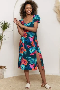Puff Sleeve Square Neck Midi Dress In Tropical Print by Angeleye