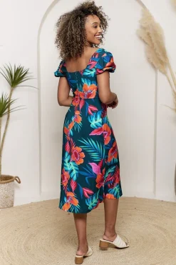 Puff Sleeve Square Neck Midi Dress In Tropical Print by Angeleye