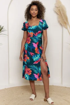 Puff Sleeve Square Neck Midi Dress In Tropical Print by Angeleye