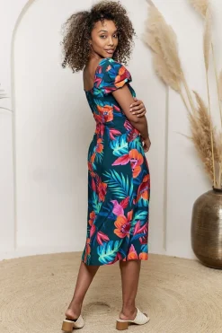 Puff Sleeve Square Neck Midi Dress In Tropical Print by Angeleye