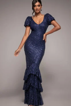 Puff Sleeve Tiered Hem Maxi Dress - Navy by Goddiva