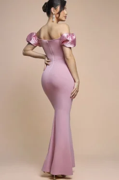 Puffy Satin Sleeve Scuba Maxi Dress - Blush Pink by Goddiva