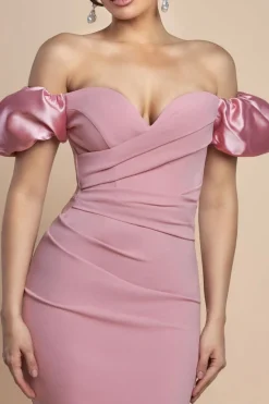 Puffy Satin Sleeve Scuba Maxi Dress - Blush Pink by Goddiva