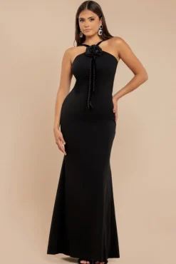 Racer Neck Corsage Scuba Maxi - Black by Goddiva