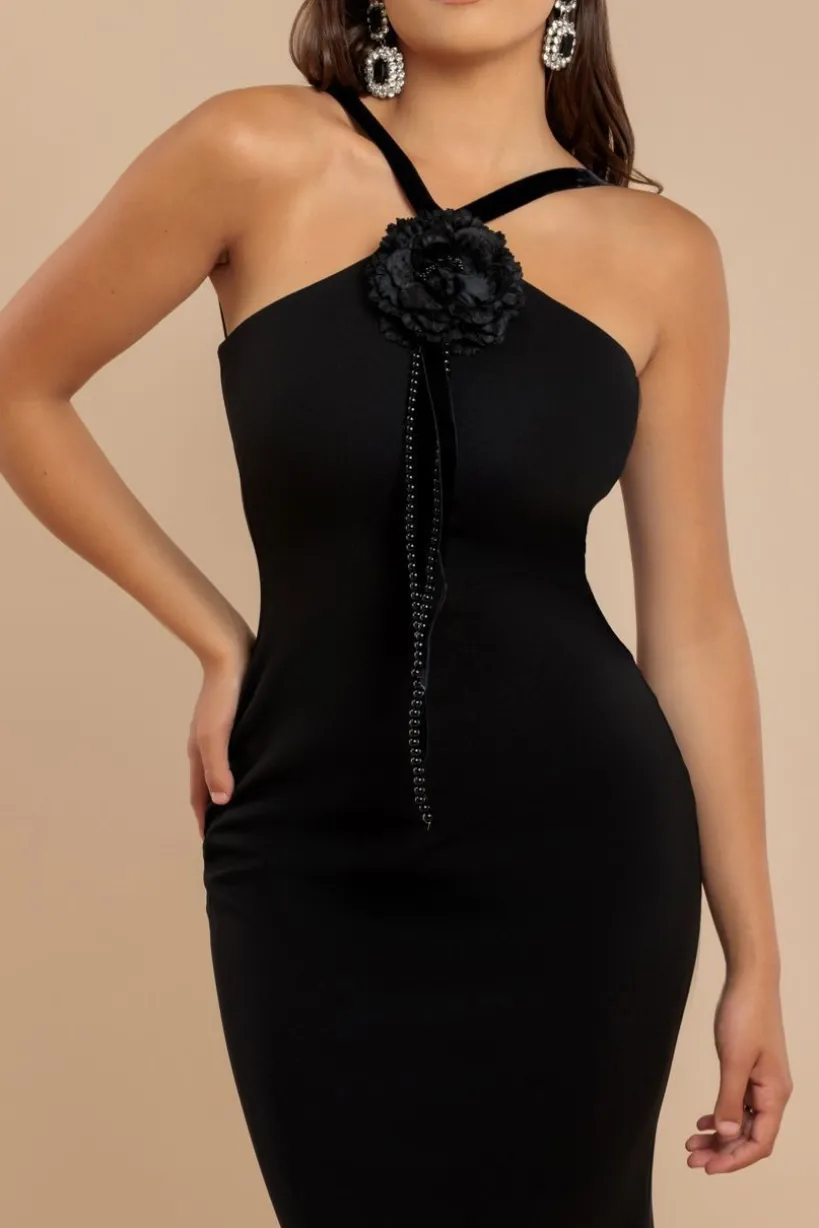 Racer Neck Corsage Scuba Maxi - Black by Goddiva