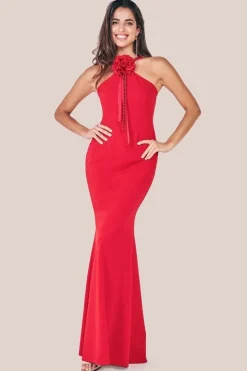 Racer Neck Corsage Scuba Maxi - Red by Goddiva