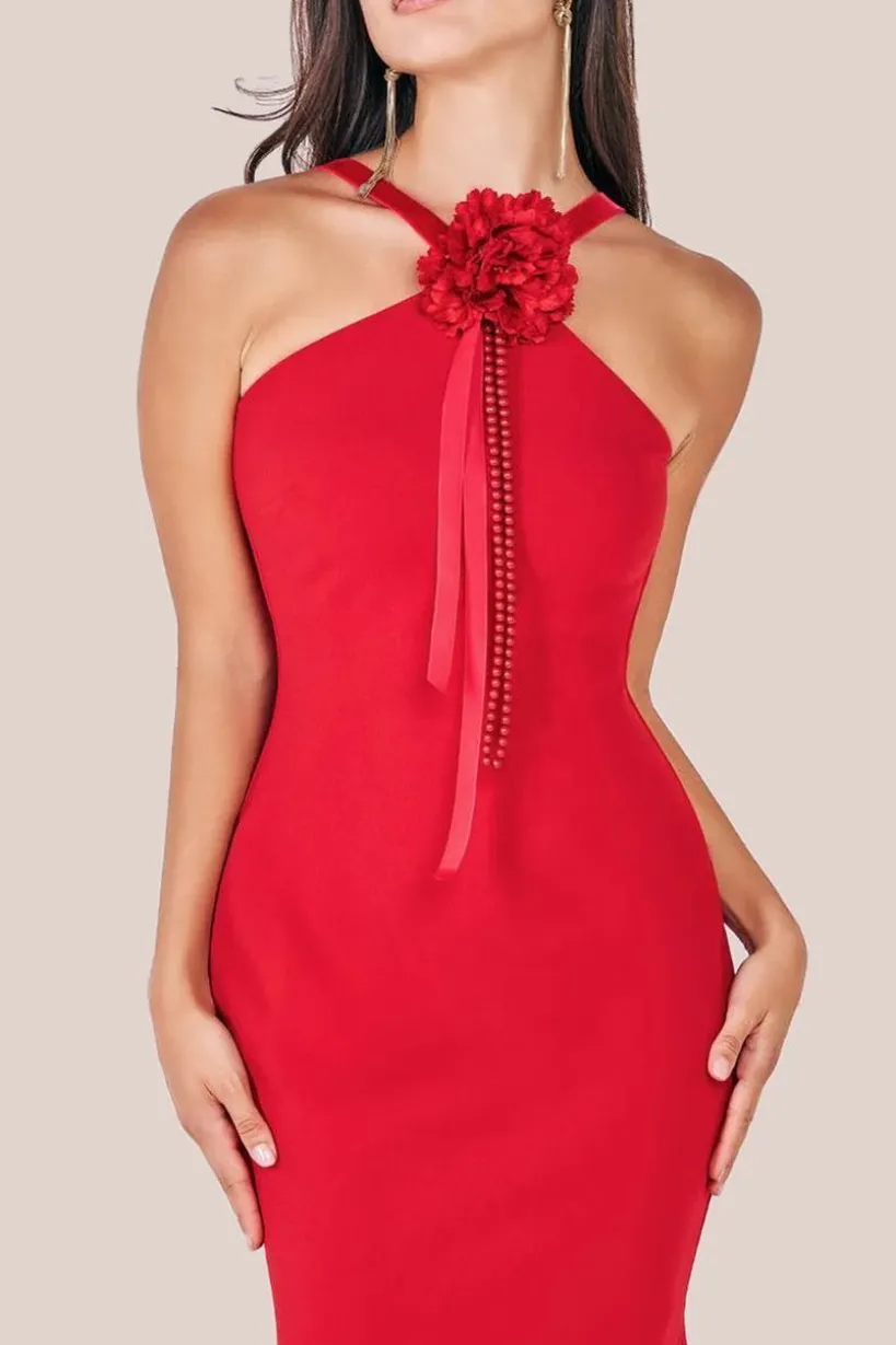 Racer Neck Corsage Scuba Maxi - Red by Goddiva