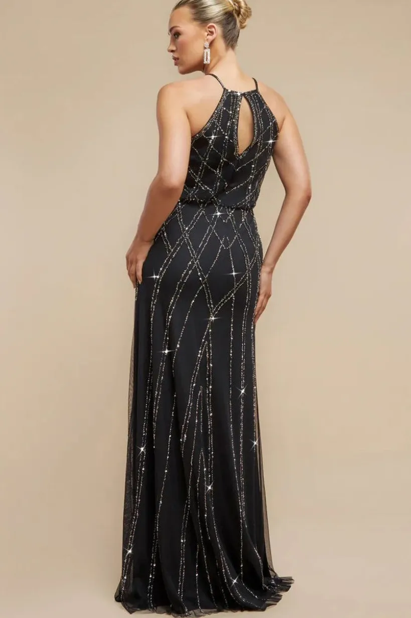 Racer Neck Sleeveless Hand Embellished Sequin Maxi Dress - Black by Goddiva