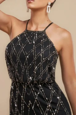 Racer Neck Sleeveless Hand Embellished Sequin Maxi Dress - Black by Goddiva