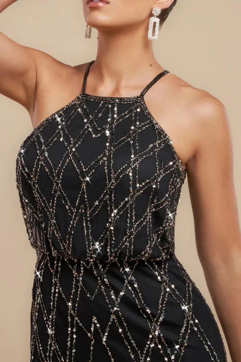 Racer Neck Sleeveless Hand Embellished Sequin Maxi Dress - Black by Goddiva
