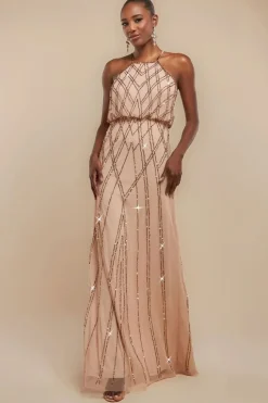 Racer Neck Sleeveless Hand Embellished Sequin Maxi Dress - Champagne by Goddiva