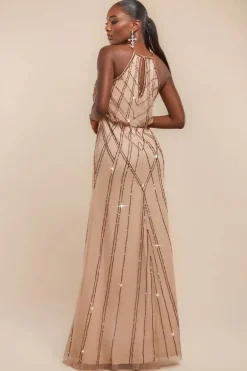 Racer Neck Sleeveless Hand Embellished Sequin Maxi Dress - Champagne by Goddiva